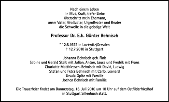 Traueranzeige von Prof. Dr. E.h. Günter Behnisch von Echo-Zeitungen (Gesamtausgabe)