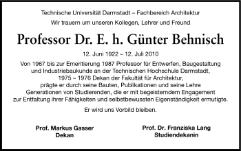 Traueranzeige von Prof. Dr. E.h. Günter Behnisch von Echo-Zeitungen (Gesamtausgabe)