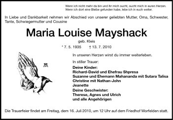 Traueranzeige von Maria Louise Mayshack von Rüsselsheimer Echo, Groß-Gerauer-Echo, Ried Echo