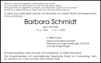 Traueranzeige von Barbara Schmidt von Darmstädter Echo, Odenwälder Echo, Rüsselsheimer Echo, Groß-Gerauer-Echo, Ried Echo