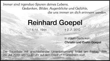 Traueranzeige von Reinhard Goepel von Echo-Zeitungen (Gesamtausgabe)