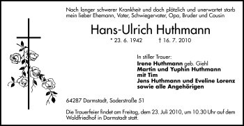 Traueranzeige von Hans-Ulrich Huthmann von Darmstädter Echo, Odenwälder Echo, Rüsselsheimer Echo, Groß-Gerauer-Echo, Ried Echo