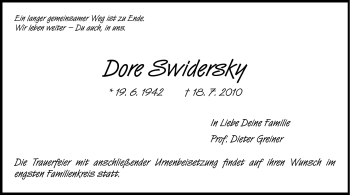 Traueranzeige von Dore Swidersky von Darmstädter Echo, Odenwälder Echo, Rüsselsheimer Echo, Groß-Gerauer-Echo, Ried Echo