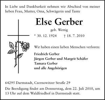 Traueranzeige von Else Gerber von Darmstädter Echo, Odenwälder Echo, Rüsselsheimer Echo, Groß-Gerauer-Echo, Ried Echo