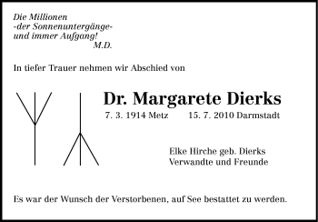 Traueranzeige von Dr. Margarete Dierks von Darmstädter Echo, Odenwälder Echo, Rüsselsheimer Echo, Groß-Gerauer-Echo, Ried Echo