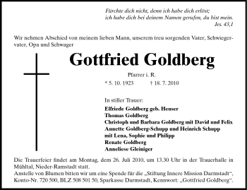 Traueranzeige von Gottfried Goldberg von Darmstädter Echo, Odenwälder Echo, Rüsselsheimer Echo, Groß-Gerauer-Echo, Ried Echo