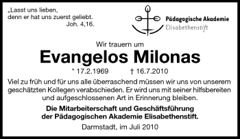 Traueranzeige von Evangelos Milonas von Echo-Zeitungen (Gesamtausgabe)