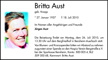 Traueranzeige von Britta Aust von Echo-Zeitungen (Gesamtausgabe)