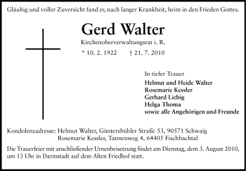 Traueranzeige von Gerd Walter von Darmstädter Echo, Odenwälder Echo, Rüsselsheimer Echo, Groß-Gerauer-Echo, Ried Echo