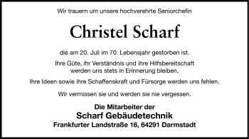 Traueranzeige von Christel Scharf von Darmstädter Echo, Odenwälder Echo, Rüsselsheimer Echo, Groß-Gerauer-Echo, Ried Echo