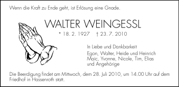 Traueranzeige von Walter Weingessl von Odenwälder Echo