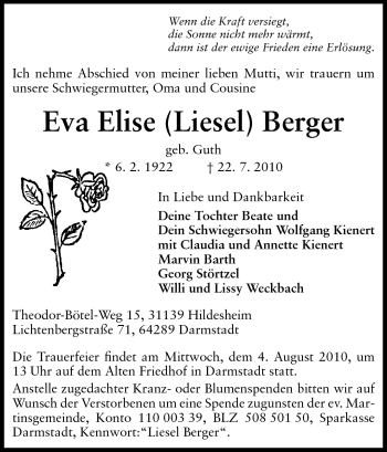 Traueranzeige von Eva Elise (Liesel) Berger von Darmstädter Echo, Odenwälder Echo, Rüsselsheimer Echo, Groß-Gerauer-Echo, Ried Echo