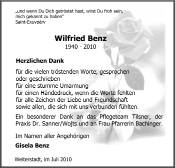 Traueranzeige von Wilfried Benz von Echo-Zeitungen (Gesamtausgabe)