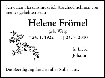 Traueranzeige von Helene Frömel von Darmstädter Echo, Odenwälder Echo, Rüsselsheimer Echo, Groß-Gerauer-Echo, Ried Echo