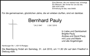 Traueranzeige von Bernhard Pauly von Echo-Zeitungen (Gesamtausgabe)