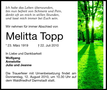 Traueranzeige von Melitta Topp von Darmstädter Echo, Odenwälder Echo, Rüsselsheimer Echo, Groß-Gerauer-Echo, Ried Echo