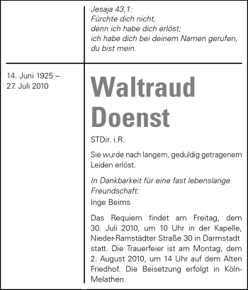 Traueranzeige von Waltraud Doenst von Darmstädter Echo, Odenwälder Echo, Rüsselsheimer Echo, Groß-Gerauer-Echo, Ried Echo