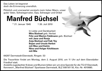 Traueranzeige von Manfred Büchsel von Echo-Zeitungen (Gesamtausgabe)