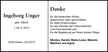 Traueranzeige von Ingeborg Unger von Rüsselsheimer Echo, Groß-Gerauer-Echo, Ried Echo