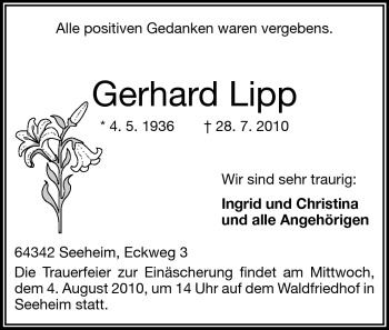 Traueranzeige von Gerhard Lipp von Echo-Zeitungen (Gesamtausgabe)