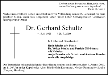 Traueranzeige von Dr. Gerhard Schultz von Echo-Zeitungen (Gesamtausgabe)