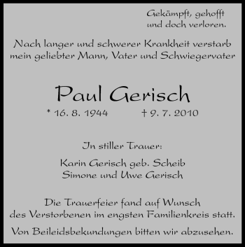 Traueranzeige von Paul Gehrisch von Darmstädter Echo, Odenwälder Echo, Rüsselsheimer Echo, Groß-Gerauer-Echo, Ried Echo