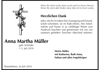 Traueranzeige von Anna Martha Müller von Rüsselsheimer Echo, Groß-Gerauer-Echo, Ried Echo