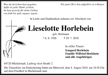 Traueranzeige von Lieselotte Horlebein von Odenwälder Echo