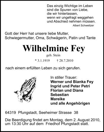 Traueranzeige von Wilhelmine Fey von Echo-Zeitungen (Gesamtausgabe)