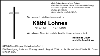 Traueranzeige von Käthi Lohnes von Echo-Zeitungen (Gesamtausgabe)