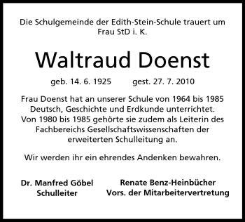 Traueranzeige von Waltraud Doenst von Echo-Zeitungen (Gesamtausgabe)