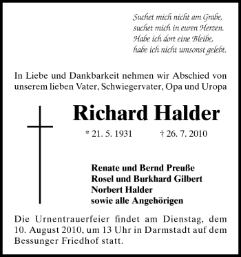 Traueranzeige von Richard Halder von Darmstädter Echo, Odenwälder Echo, Rüsselsheimer Echo, Groß-Gerauer-Echo, Ried Echo