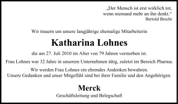 Traueranzeige von Katharina Lohnes von Echo-Zeitungen (Gesamtausgabe)