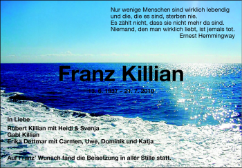 Traueranzeige von Franz Kilian von Darmstädter Echo, Odenwälder Echo, Rüsselsheimer Echo, Groß-Gerauer-Echo, Ried Echo