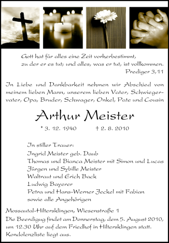 Traueranzeige von Arthur Meister von Odenwälder Echo