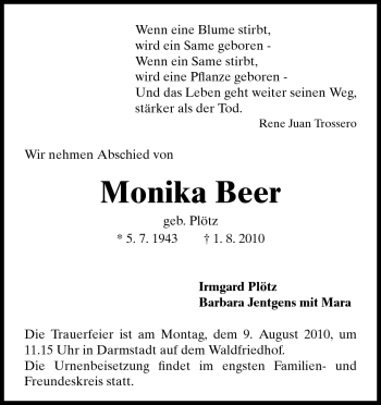 Traueranzeige von Monika Beer von Echo-Zeitungen (Gesamtausgabe)