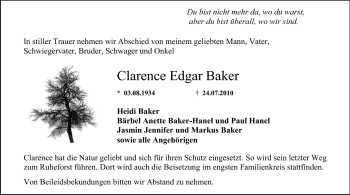 Traueranzeige von Clarence Edgar Baker von Echo-Zeitungen (Gesamtausgabe)