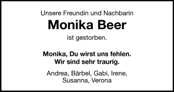 Traueranzeige von Monika Beer von Darmstädter Echo, Odenwälder Echo, Rüsselsheimer Echo, Groß-Gerauer-Echo, Ried Echo