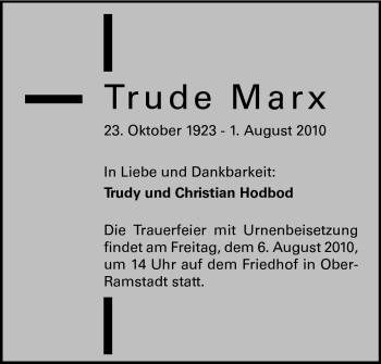 Traueranzeige von Trude Marx von Darmstädter Echo, Odenwälder Echo, Rüsselsheimer Echo, Groß-Gerauer-Echo, Ried Echo