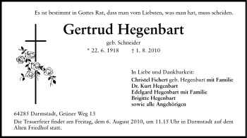 Traueranzeige von Gertrud Hegenbart von Darmstädter Echo, Odenwälder Echo, Rüsselsheimer Echo, Groß-Gerauer-Echo, Ried Echo