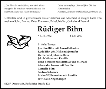 Traueranzeige von Rüdiger Bihn von Darmstädter Echo, Odenwälder Echo, Rüsselsheimer Echo, Groß-Gerauer-Echo, Ried Echo