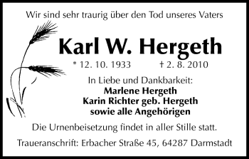 Traueranzeige von Karl W. Hergeth von Darmstädter Echo, Odenwälder Echo, Rüsselsheimer Echo, Groß-Gerauer-Echo, Ried Echo
