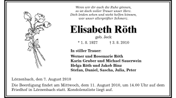 Traueranzeige von Elisabeth Röth von Starkenburger Echo