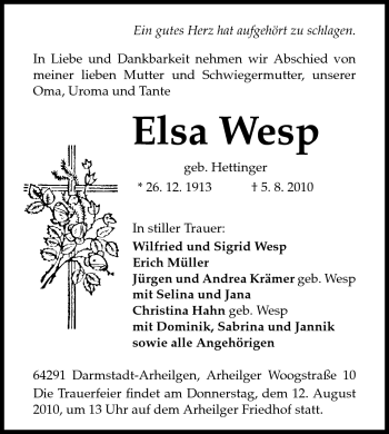 Traueranzeige von Elsa Wesp von Echo-Zeitungen (Gesamtausgabe)