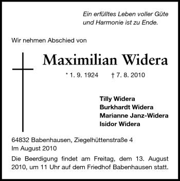 Traueranzeige von Maximilian Widera von Darmstädter Echo, Odenwälder Echo, Rüsselsheimer Echo, Groß-Gerauer-Echo, Ried Echo