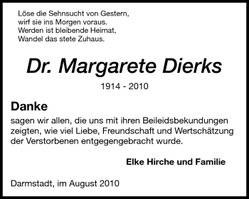 Traueranzeige von Dr. Margarete Dierks von Echo-Zeitungen (Gesamtausgabe)