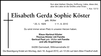 Traueranzeige von Elisabeth Gerda Sophie Köster von Echo-Zeitungen (Gesamtausgabe)