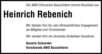 Traueranzeige von Heinrich Rebenich von Rüsselsheimer Echo, Groß-Gerauer-Echo, Ried Echo