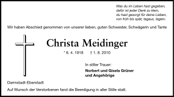 Traueranzeige von Christa Meidinger von Echo-Zeitungen (Gesamtausgabe)