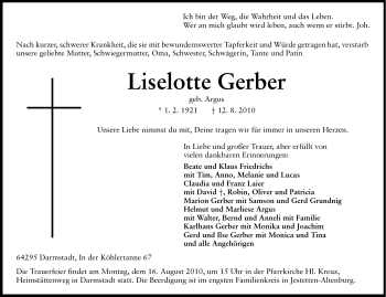 Traueranzeige von Liselotte Gerber von Darmstädter Echo, Odenwälder Echo, Rüsselsheimer Echo, Groß-Gerauer-Echo, Ried Echo